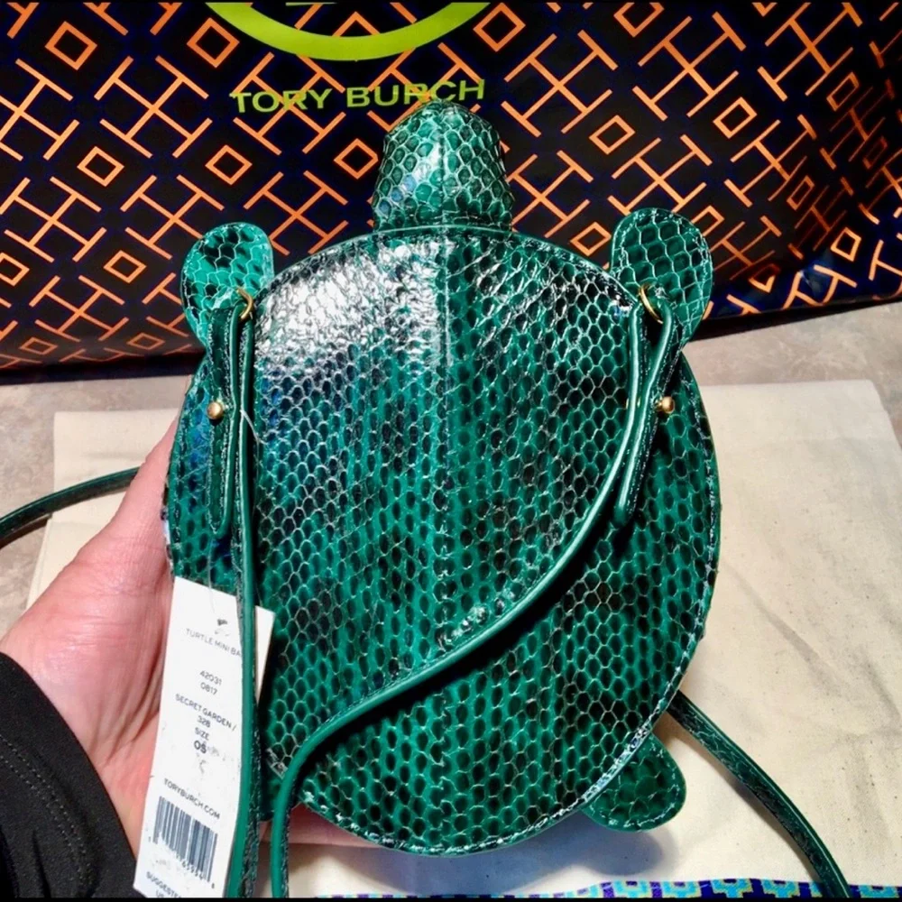 Tory Burch Green Embossed Leather Mini Turtle Crossbody Shoulder Bag - Picture 11 of 16